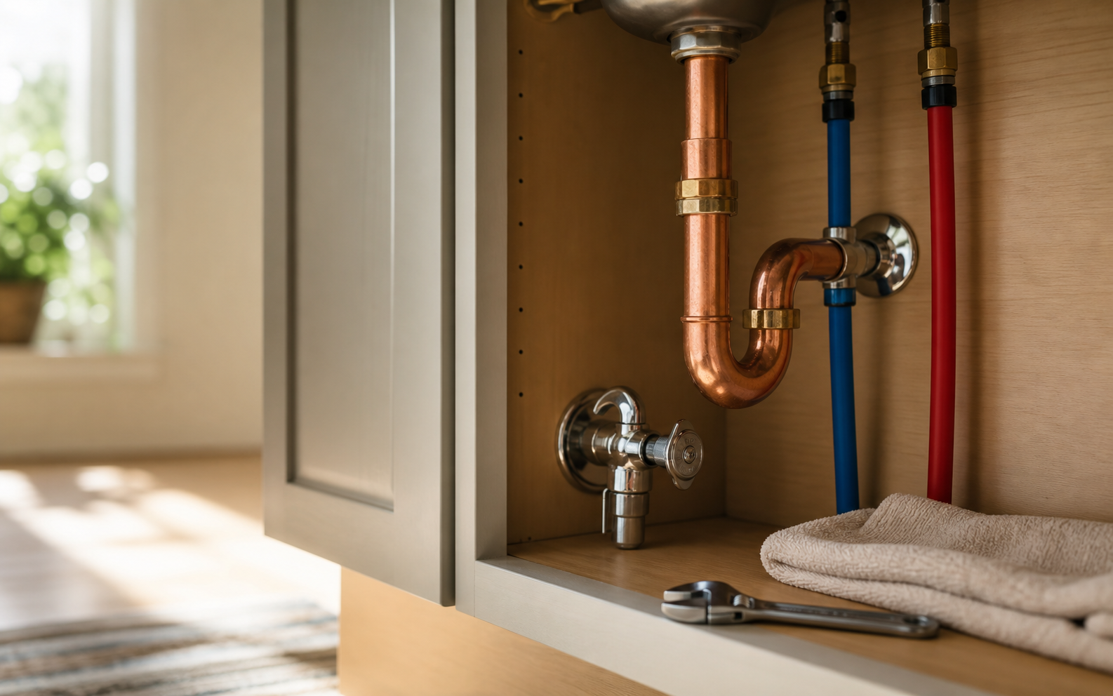 Clean residential plumbing lines and a shutoff valve beneath a sink